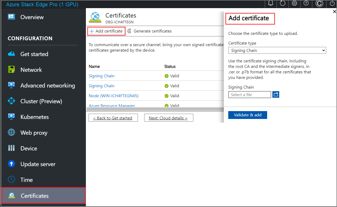 Screenshot of the Add Certificate pane in the local web UI of an Azure Stack Edge device. The Certificates menu item, Plus Add Certificate button, and Add Certificate pane are highlighted.