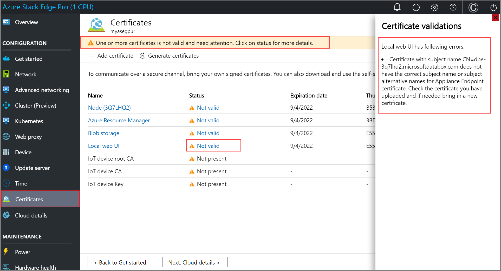 Screenshot of Certificate Details for a certificate on the Certificates page of an Azure Stack Edge device. The selected certificate and certificate details are highlighted.