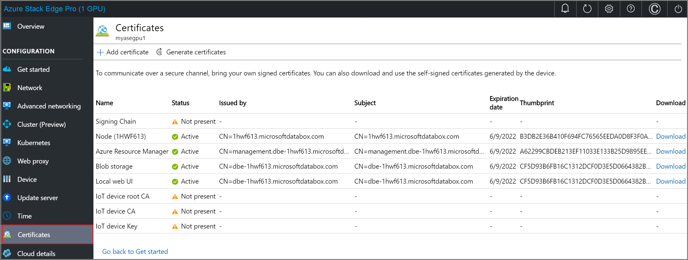 Screenshot of the Certificates page in the local web UI of Azure Stack Edge. The Certificates menu item is highlighted.
