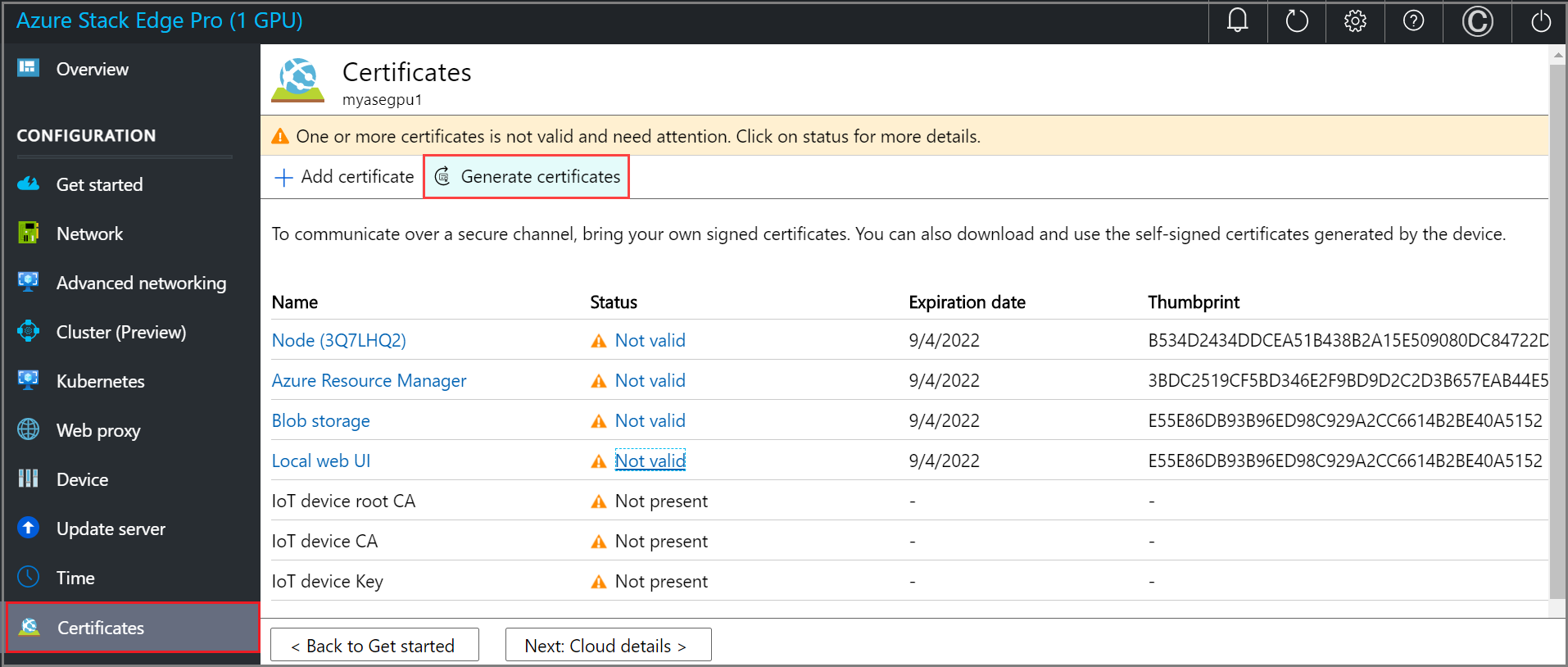 Screenshot of the Certificates page in the local web UI of an Azure Stack Edge device. The Generate Certificates button is highlighted.