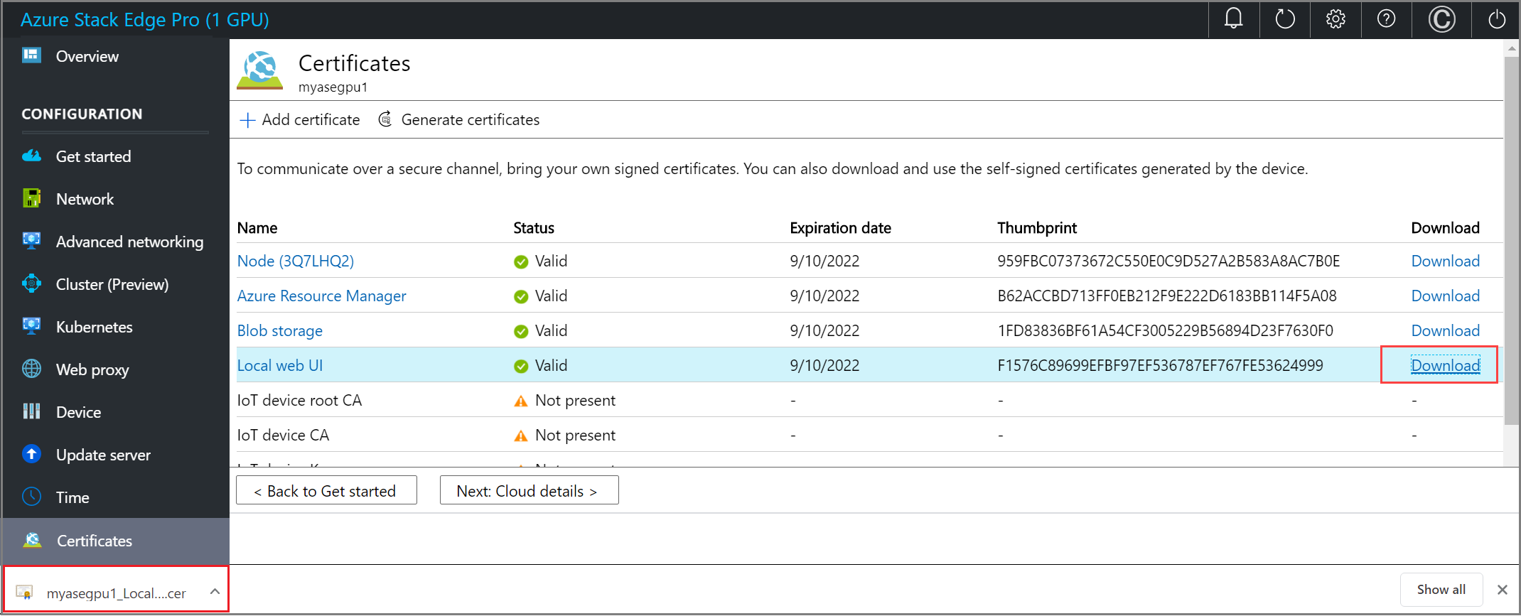 Screenshot of the Certificates page on an Azure Stack Edge device. A download link has been selected. The link and the download options are highlighted.