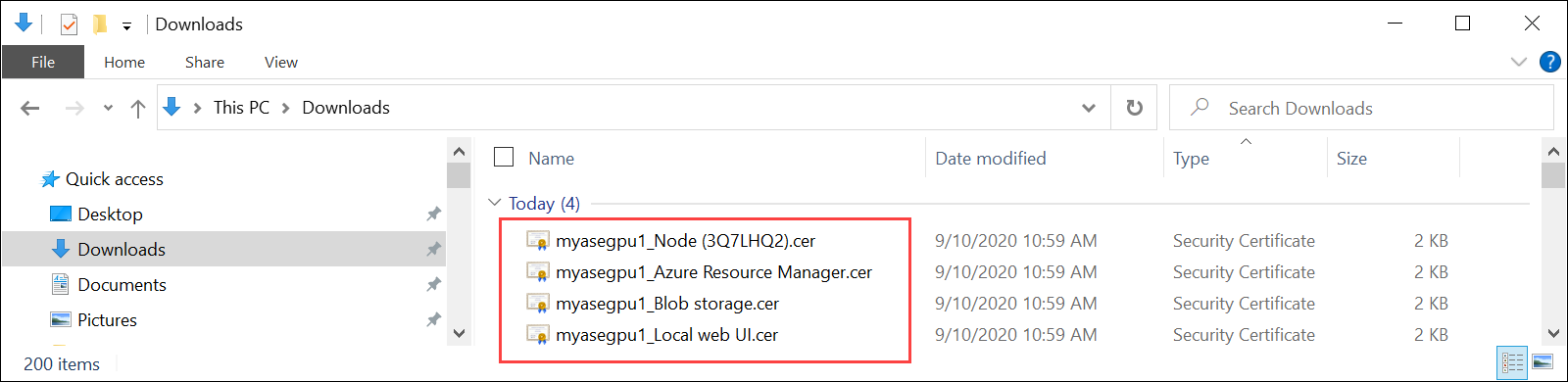 Screenshot showing downloaded certificates in Windows File Explorer. Certificates for an Azure Stack Edge device are highlighted.