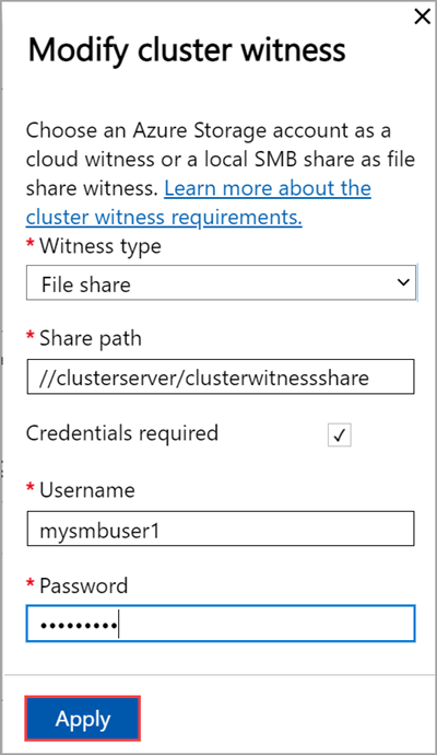 Local web UI "Cluster" page with local witness type selected in "Modify cluster witness" blade on first node