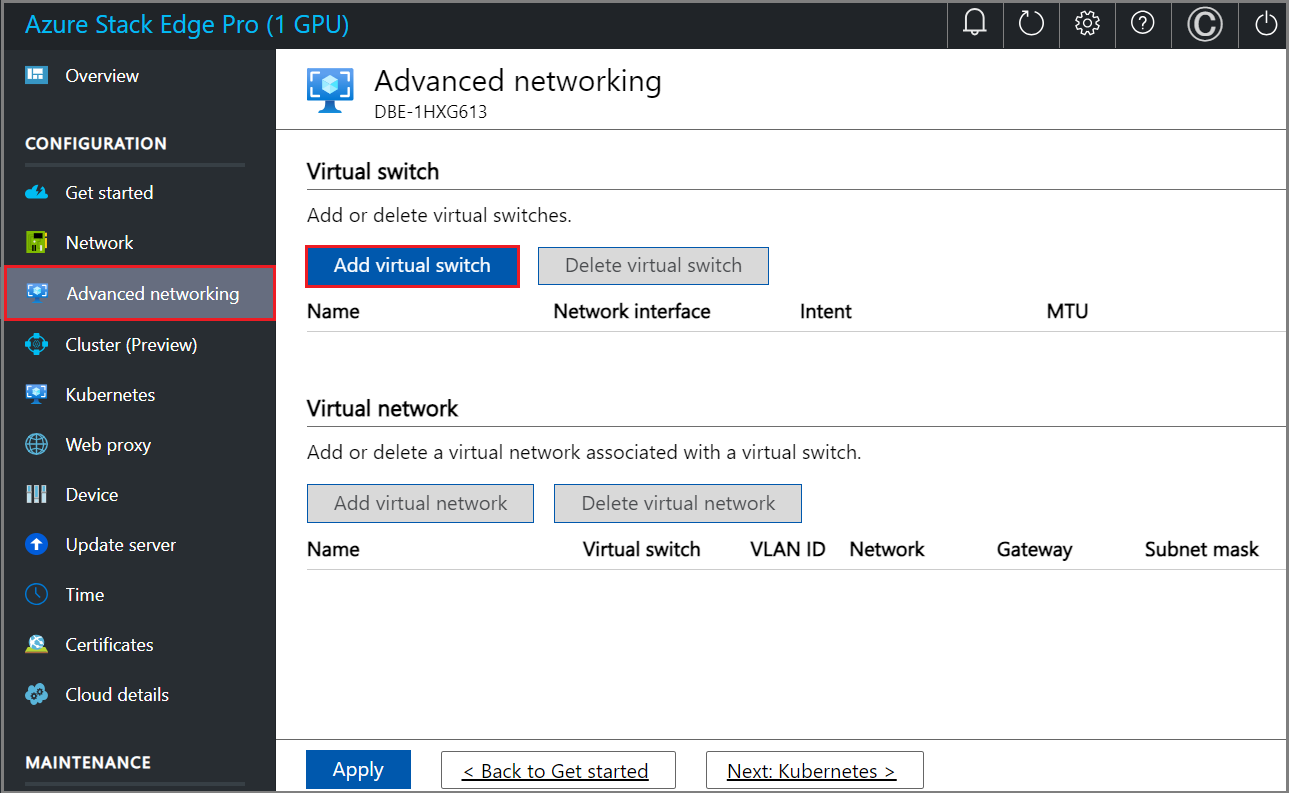 Screenshot of the Add a virtual switch option on the Advanced networking page in local UI