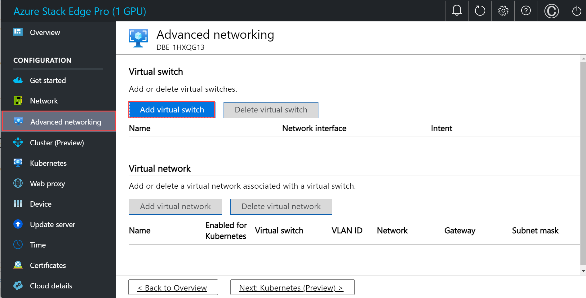 Screenshot of "Advanced networking" page in local UI for one node with Add virtual switch selected.