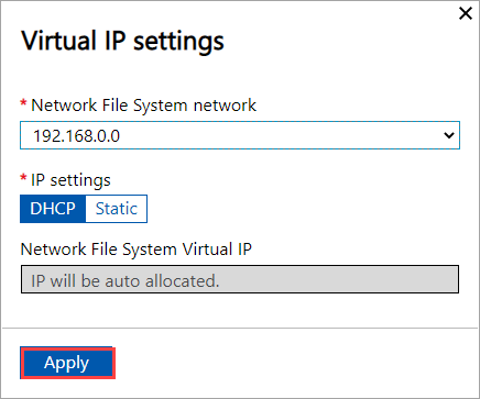 Screenshot of local web U I Cluster page with Virtual I P Settings blade configured for N F S on first node.