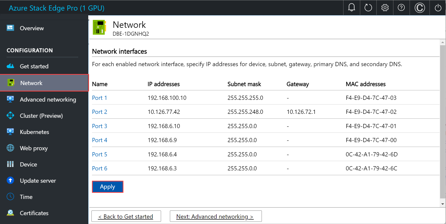 Screenshot of local web UI "Network" page for fully configured one node. 