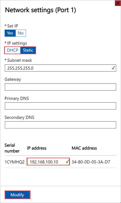 Screenshot of local web UI "Port 1 Network settings" for one node.