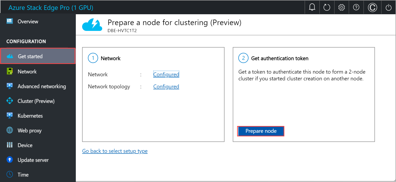 Local web UI "Get authentication token" tile with "Prepare node" option selected on second node