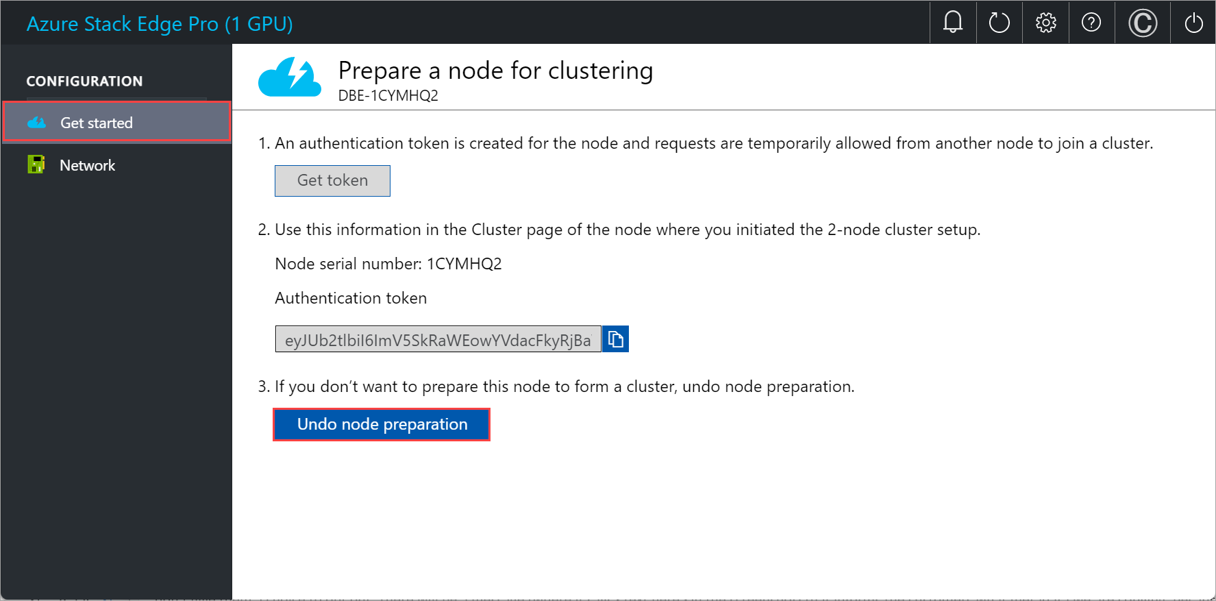 Screenshot of local web U I Get started page when Preparing a node for clustering with Undo node preparation is selected.