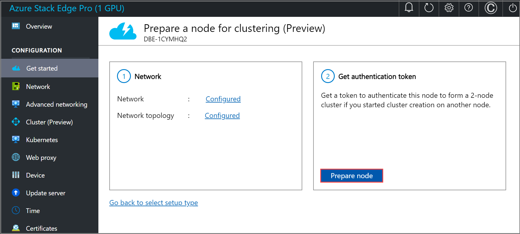 Screenshot of local web U I Get started page when Preparing a node for clustering with Prepare node is selected in Get authentication token tile.