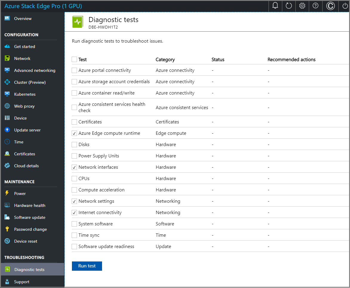 Screenshot of the Diagnostic tests page in the local web UI of an Azure Stack Edge device.