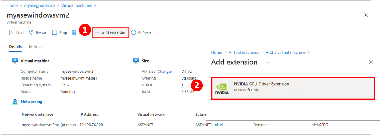 Illustration showing 2 steps to use the "Plus Add Extension" button on the virtual machine "Details" pane to add a GPU extension to a VM on an Azure Stack Edge device.