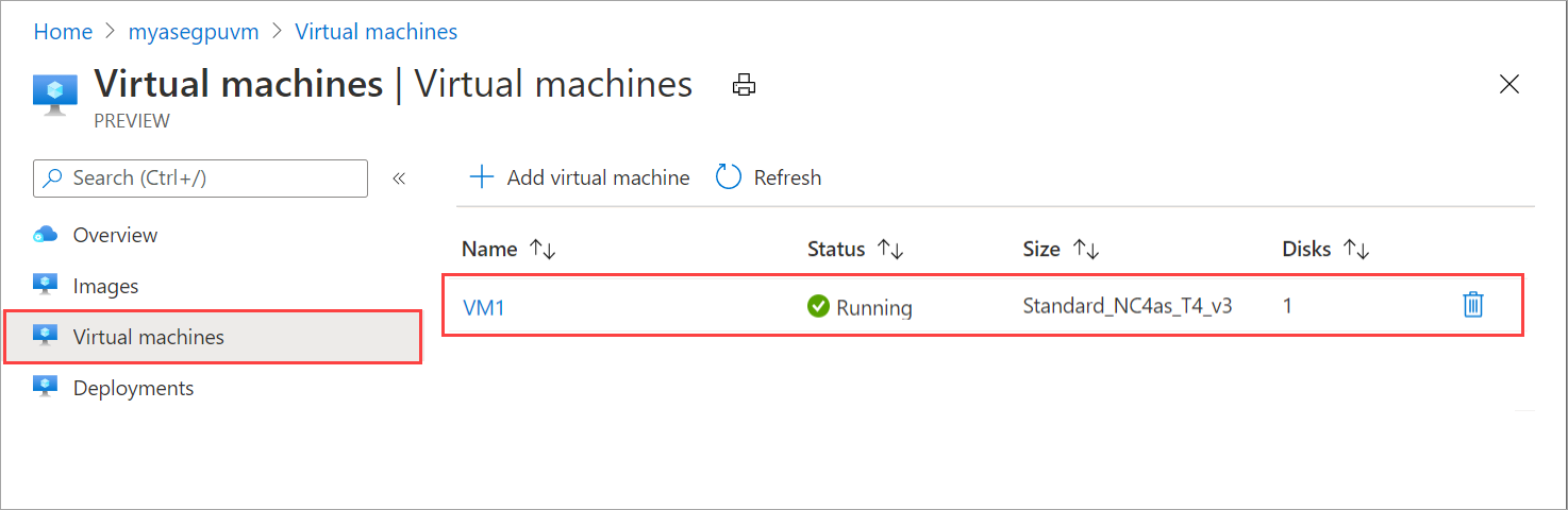 Screenshot of "Virtual machines" view in Azure Stack Edge with a newly created GPU VM highlighted.