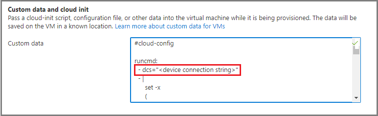 Screenshot of the Custom data field of VM configuration in the Azure portal.