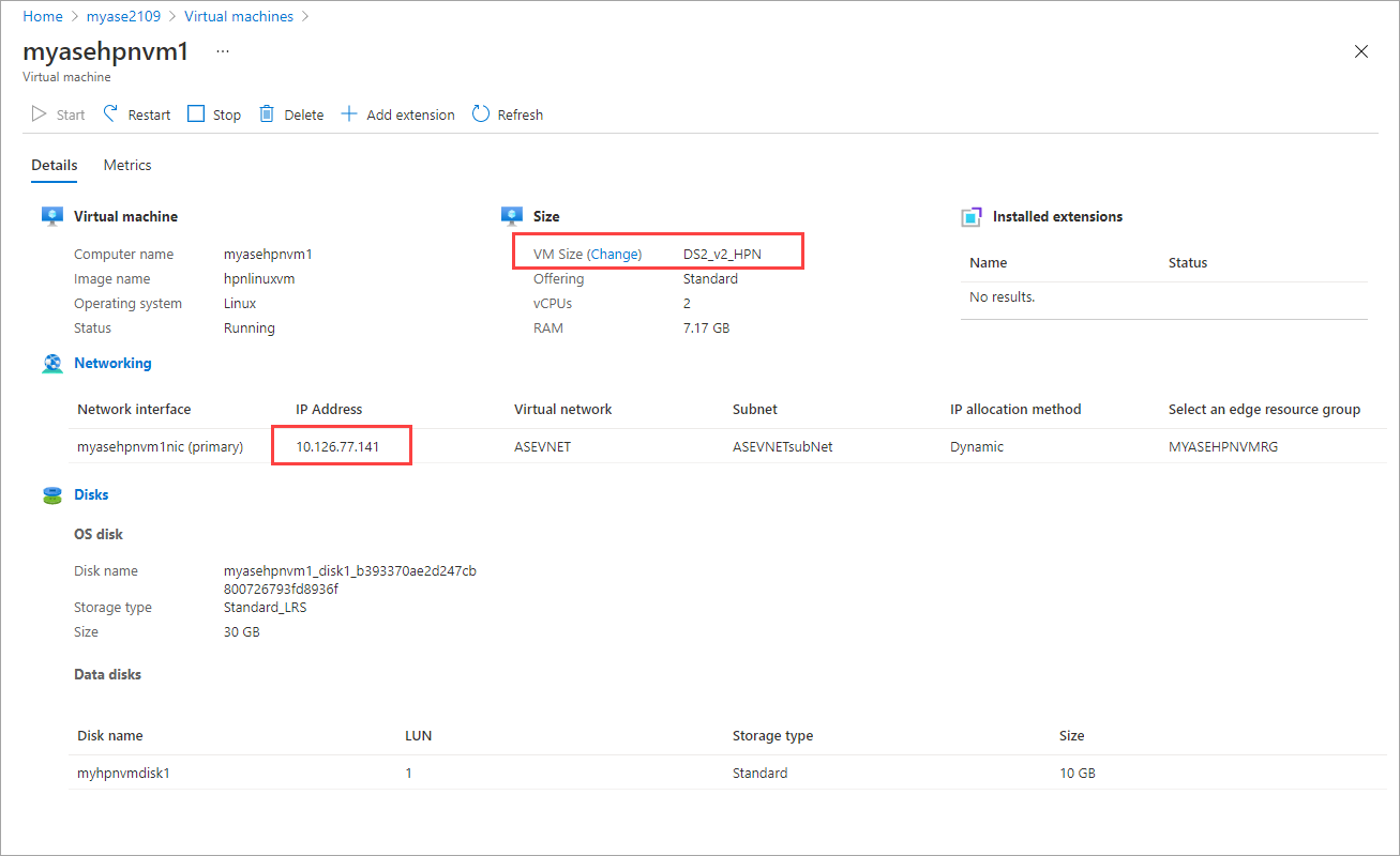 Screenshot that shows the Details tab on the Overview pane for a virtual machine in Azure Stack Edge. The VM size and the IP Address in Networking are highlighted.