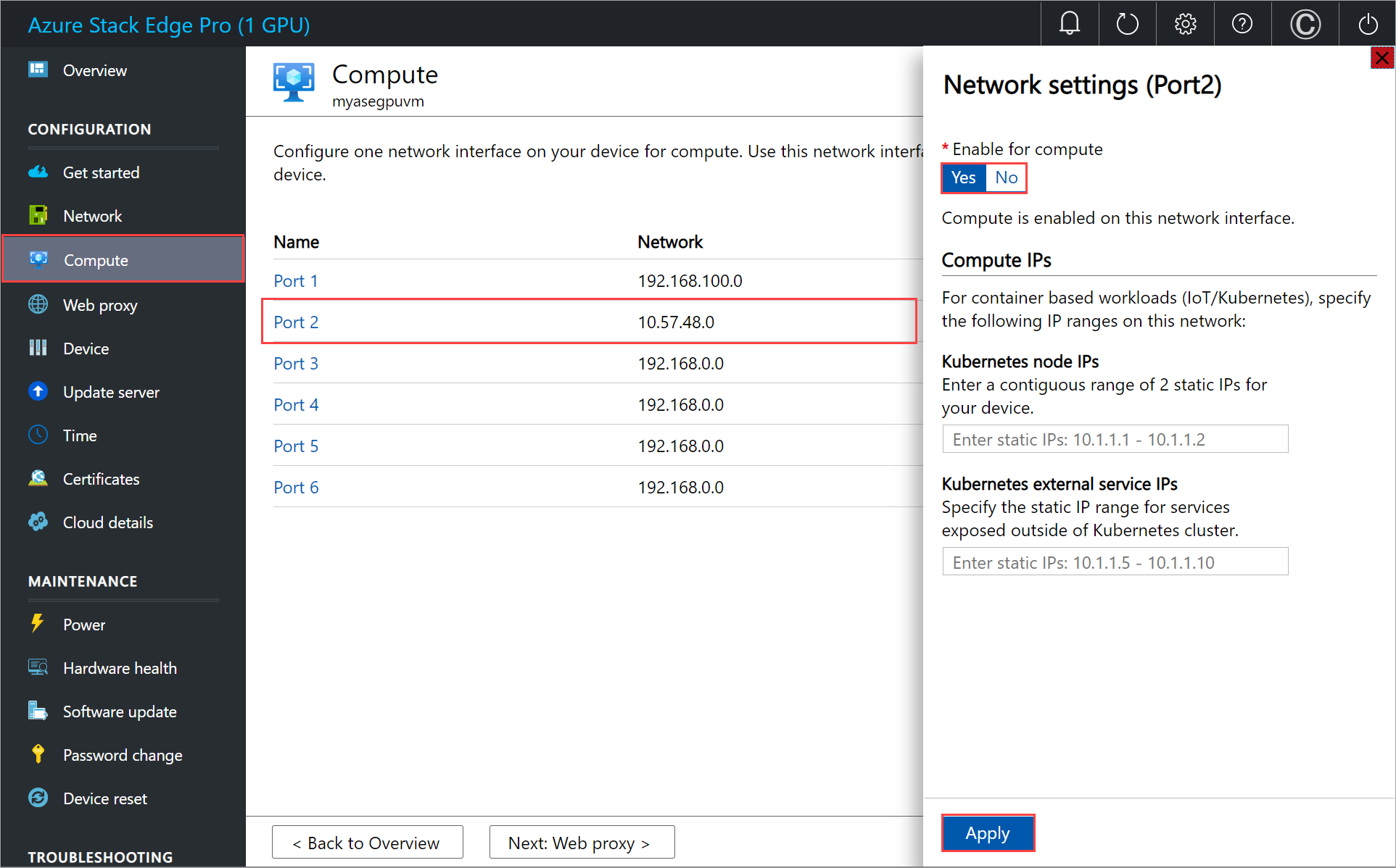 Screenshot of the Compute pane for an Azure Stack Edge device. Compute settings for Port 2 are highlighted.