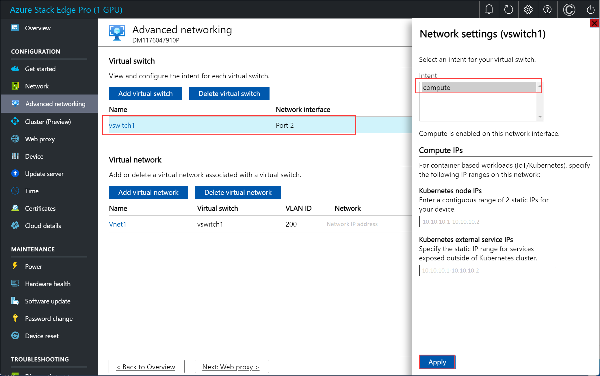 Screenshot of the Advanced networking pane for an Azure Stack Edge device. Network settings for Port 2 are highlighted.