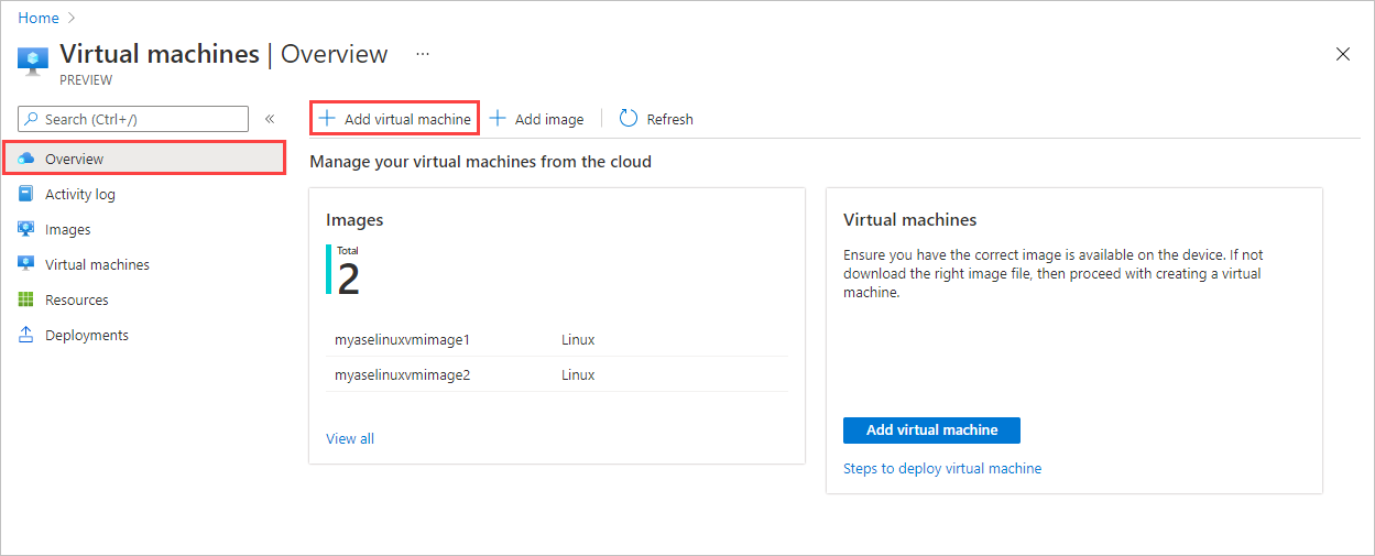 Screenshot that shows the Overview pane for virtual machines on an Azure Stack Edge device. The Plus Add Virtual Machine button is highlighted.