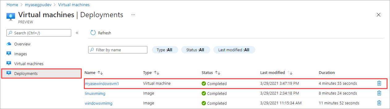 Screenshot that shows the Deployments pane in Virtual Machines view of an Azure Stack Edge device. The entry for a deployed VM is highlighted.