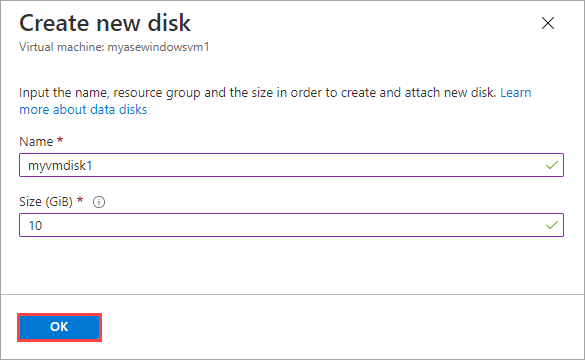 Screenshot showing the "Create a new disk" screen in "Add a virtual machine" for Azure Stack Edge. The OK button is highlighted.