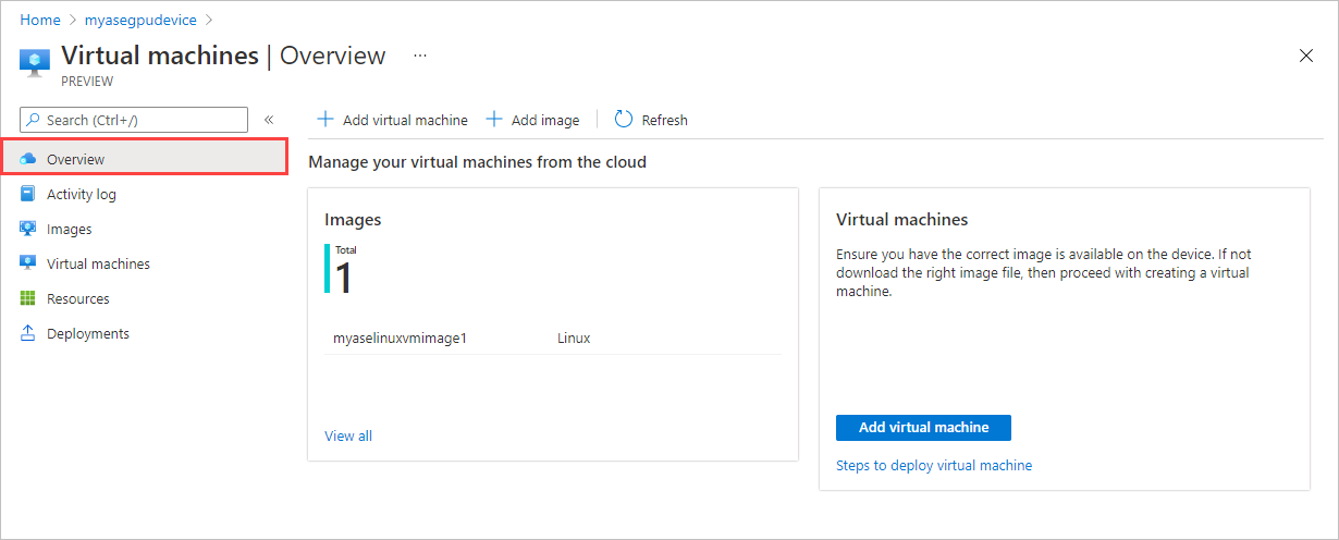Screenshot of the Overview pane in Virtual Machines view for an Azure Stack Edge device. The Enable button, to enable VM cloud management, is highlighted.