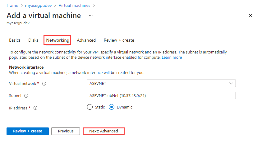 Screenshot of the Networking tab in "Add a Virtual Machine" for Azure Stack Edge. The Networking tab and the Next:Advanced button are highlighted.