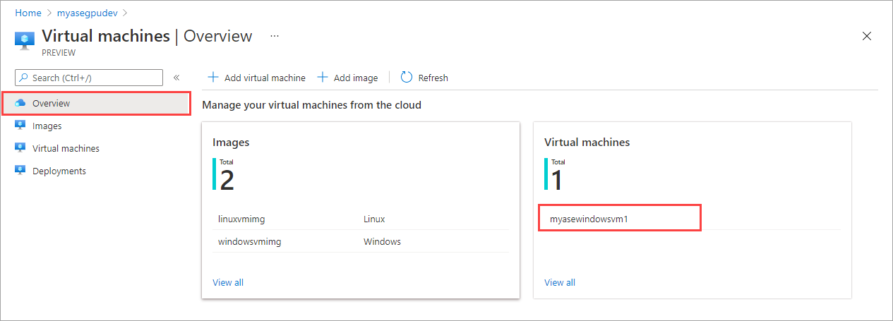 Screenshot that shows the Overview pane for Virtual Machines on an Azure Stack Edge device. A new virtual machine is highlighted in the list.