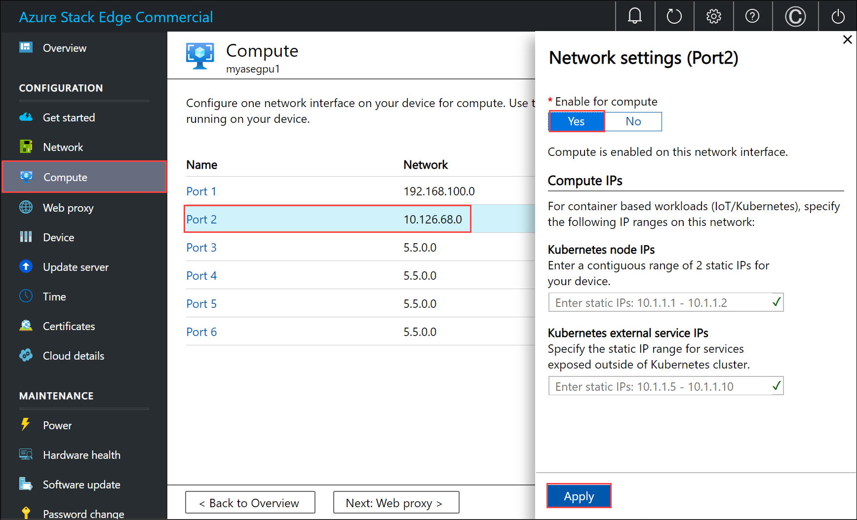 Screenshot of the Compute configuration network settings pane.