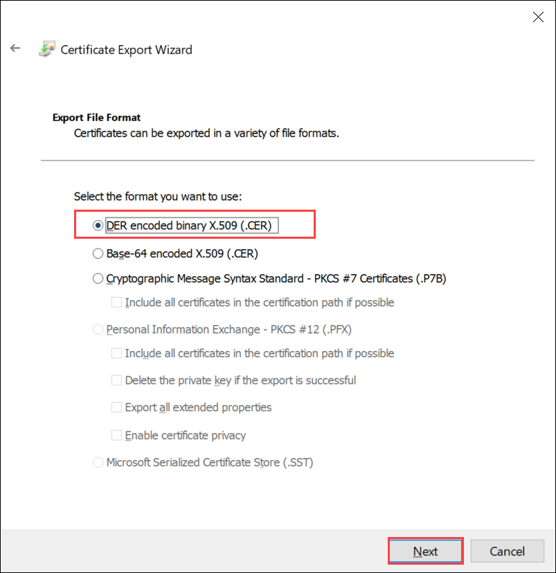 Screenshot of the Export File Format page of the Certificate Export Wizard. The selected DER format and the Next button are highlighted.
