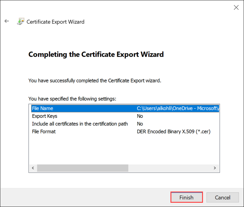 Screenshot of the completion page of the Certificate Export Wizard. The Finish button is highlighted.