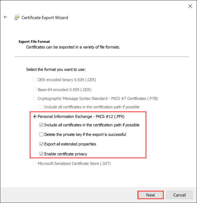 Screenshot of the Export File Format page of the Certificate Export Wizard. The Personal Information Exchange options and the Next button are highlighted.