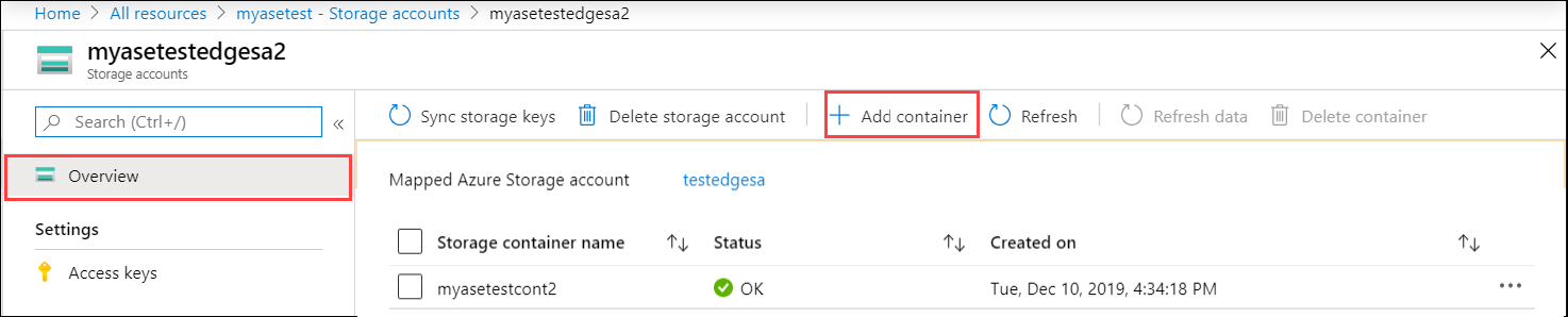 Select storage account to add container