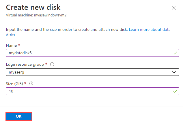 Screenshot of the Create a new disk blade for a virtual machine. The OK button is highlighted.
