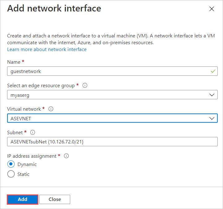 Screenshot showing the Add network interface blade for a virtual machine. The Add button is highlighted.