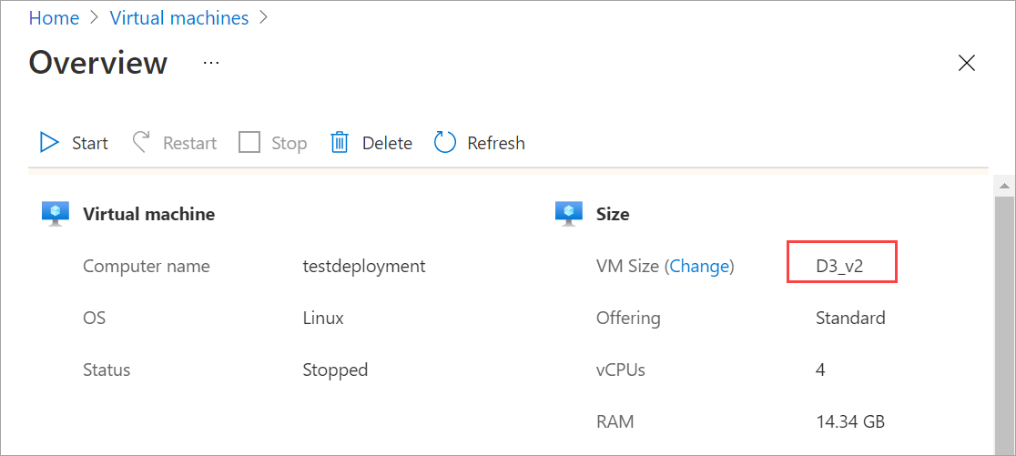 Screenshot of the Overview page for a VM. The VM Size value for the resized VM is highlighted.