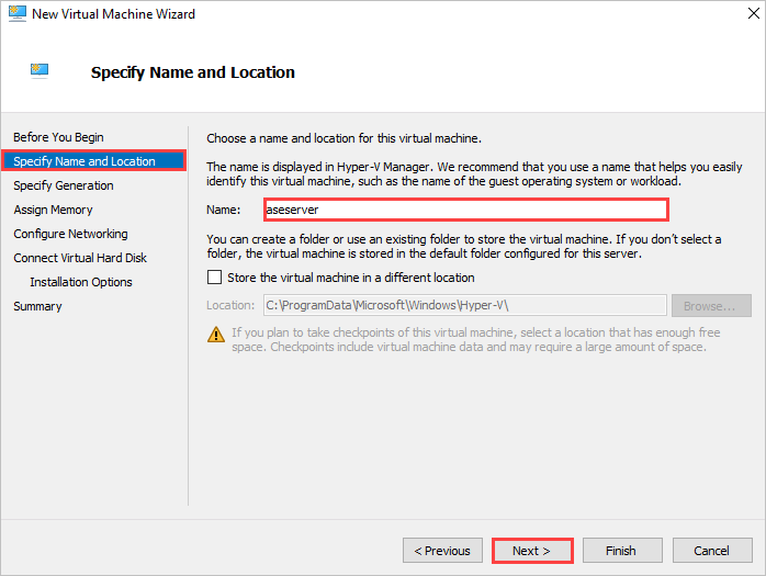 New Virtual Machine wizard, Specify Name and Location