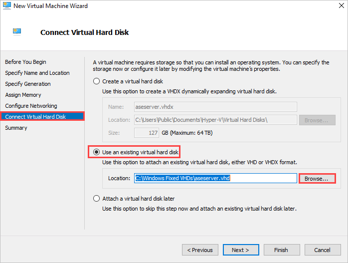 New Virtual Machine wizard, Select an existing virtual hard disk as the source