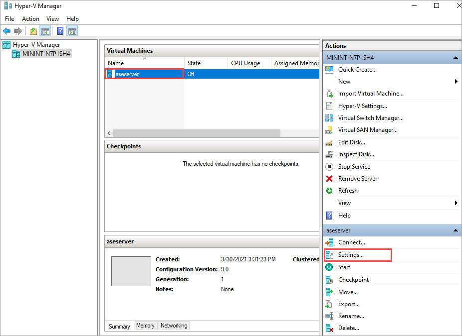 In Hyper-V Manager, open Settings for your virtual machine