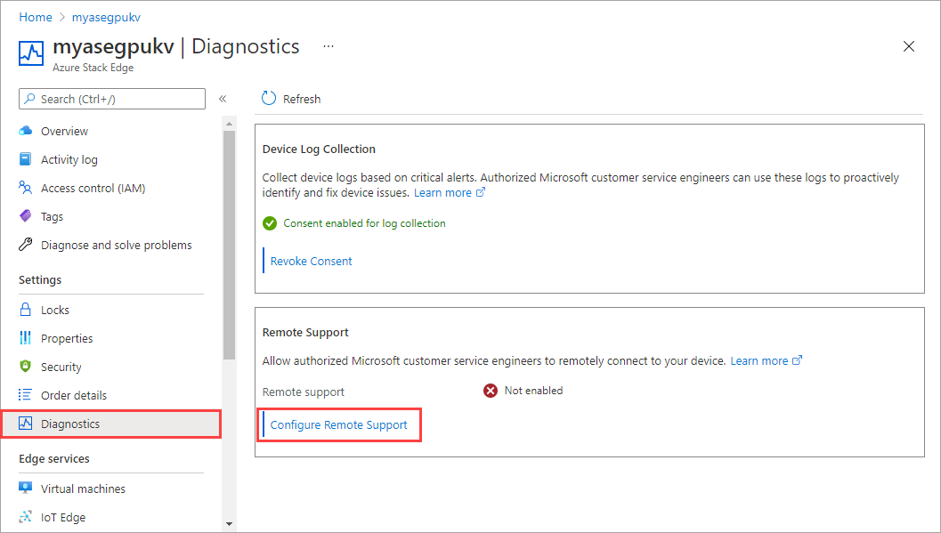 Screenshot of enabling remote support on Azure Stack Edge with configure remote support highlighted
