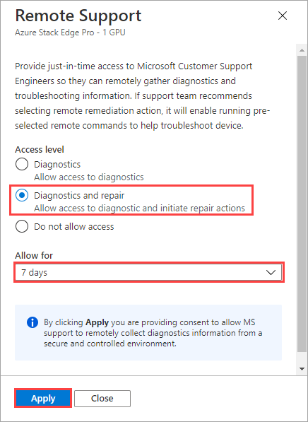 Screenshot of remote support settings on Azure Stack Edge with access level, duration highlighted