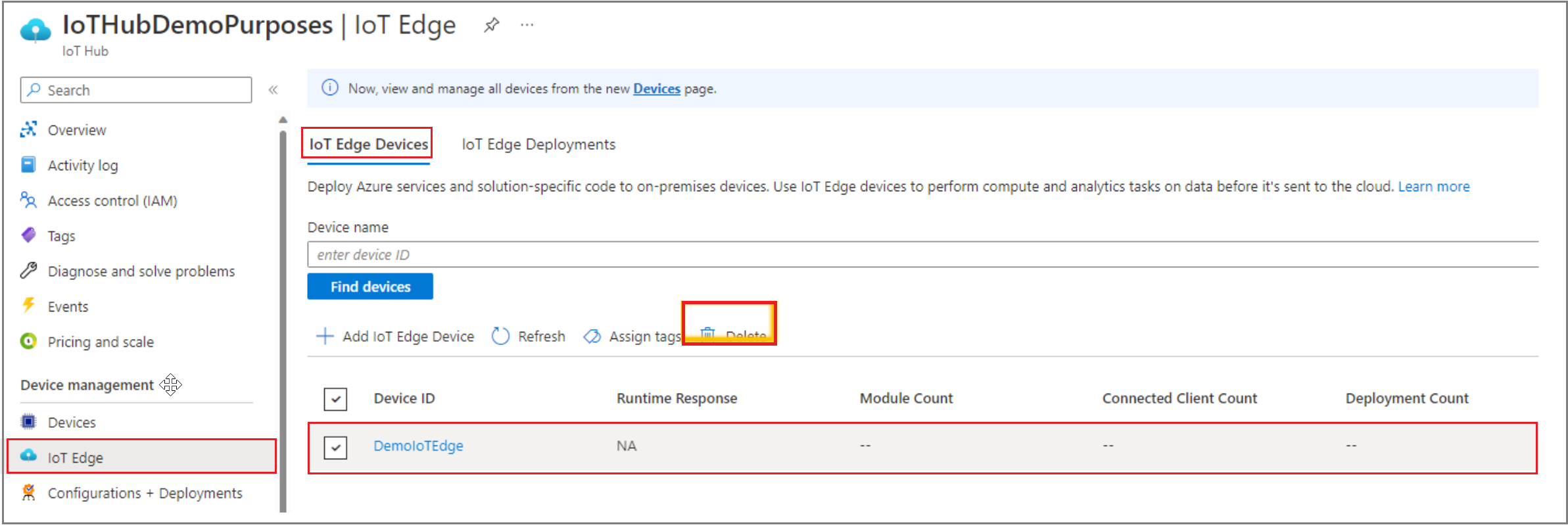 Screenshot showing delete IoT Edge device from IoT Edge instance in Azure portal UI.
