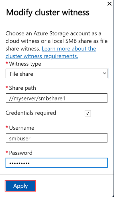 Screenshot of local web UI "Cluster" page with local witness type selected in "Modify cluster witness" blade on first node.