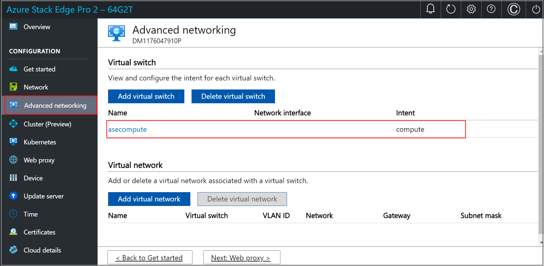 Screenshot of the Advanced networking page in the local web UI of an Azure Stack Edge device. The newly added virtual switch is highlighted.