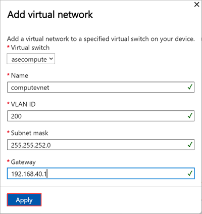 Screenshot of the Add virtual network blade in the local web UI of an Azure Stack Edge device. The Apply button is highlighted.