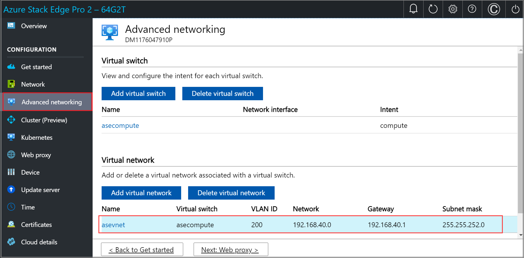 Screenshot of the Advanced networking page in the local web UI of an Azure Stack Edge device. The newly added virtual network is highlighted.