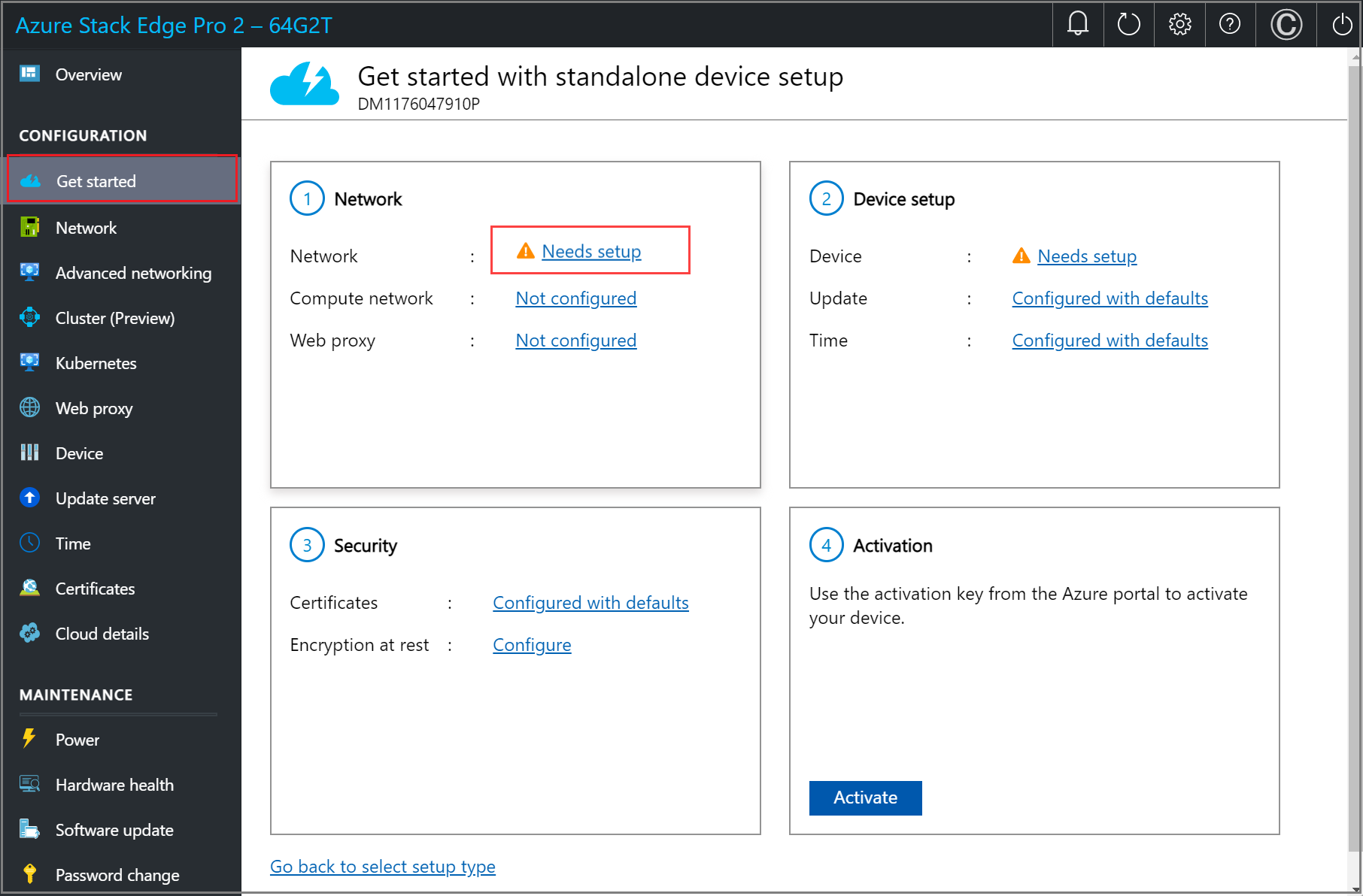 Screenshot of the Get started page in the local web UI of an Azure Stack Edge device. The Needs setup is highlighted on the Network tile.