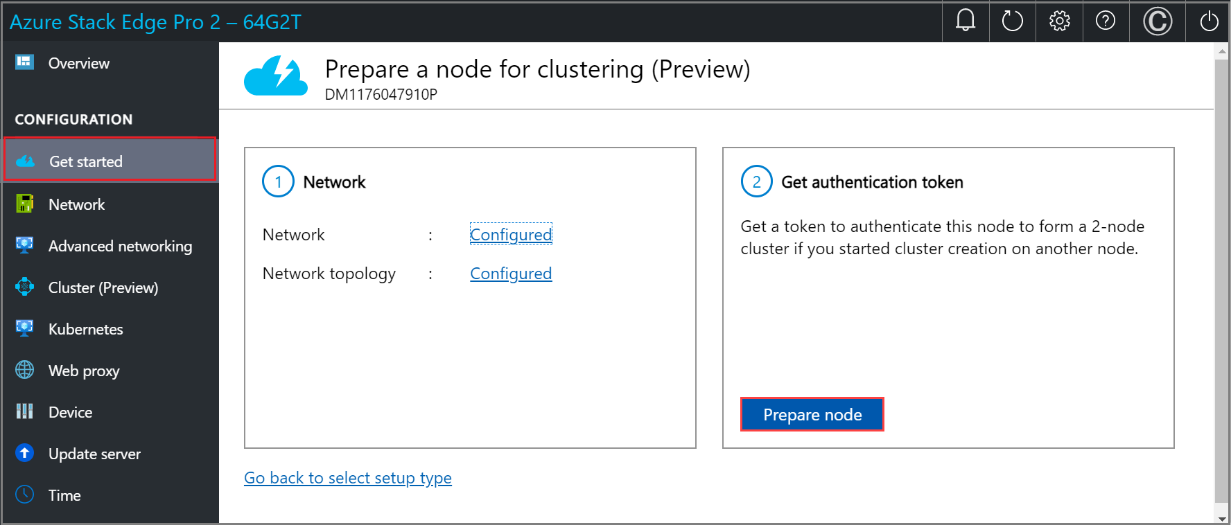 Screenshot of local web UI "Get authentication token" tile with "Prepare node" option selected on second node.