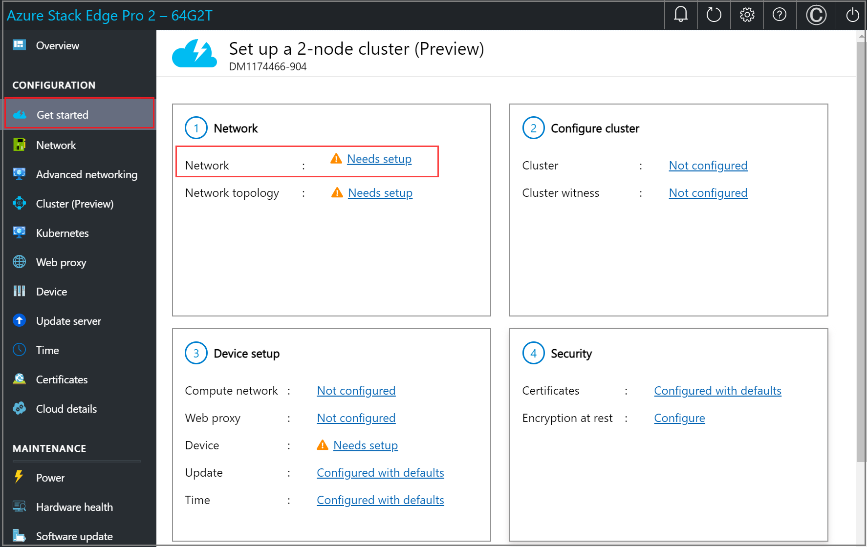Screenshot of the Get started page in the local web UI of an Azure Stack Edge device. The Needs setup is highlighted on the Network tile.