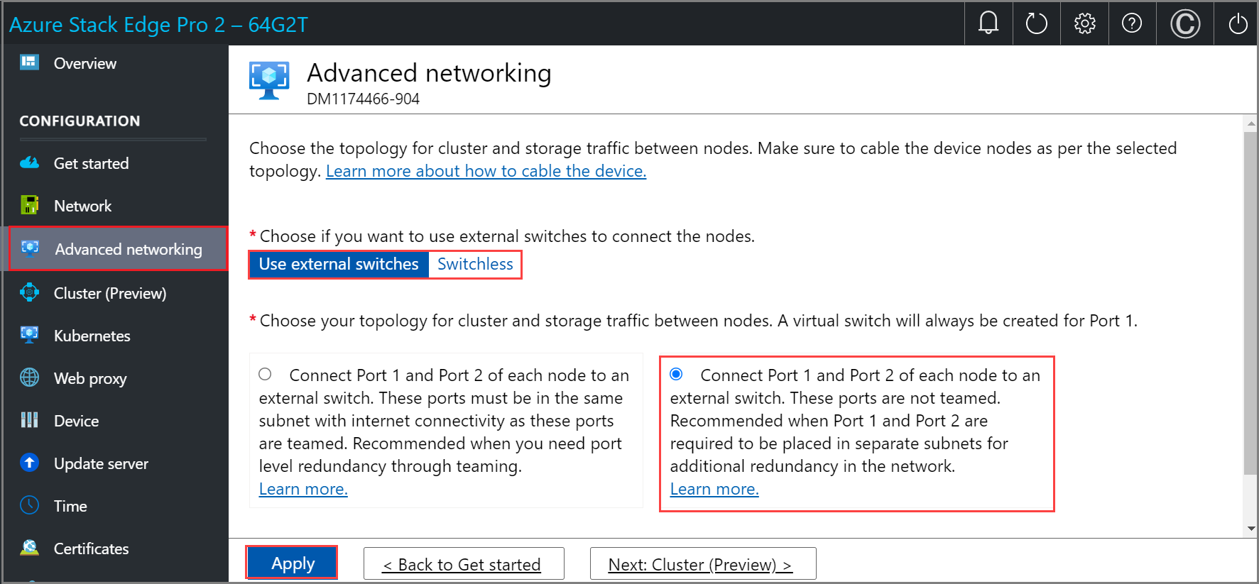 Local web UI "Advanced networking" page with "Use external switches" option selected